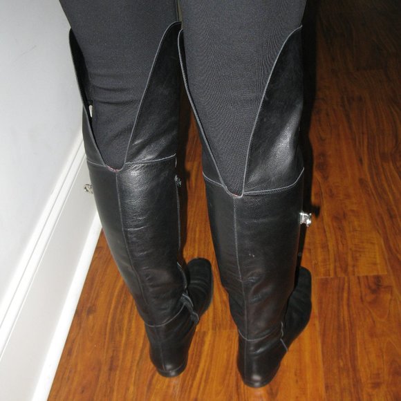 REDUCED Wmn Black Leather Side Zipper Block Heel Over The Knee Boots S 5.5 UK 3 - Picture 10 of 13